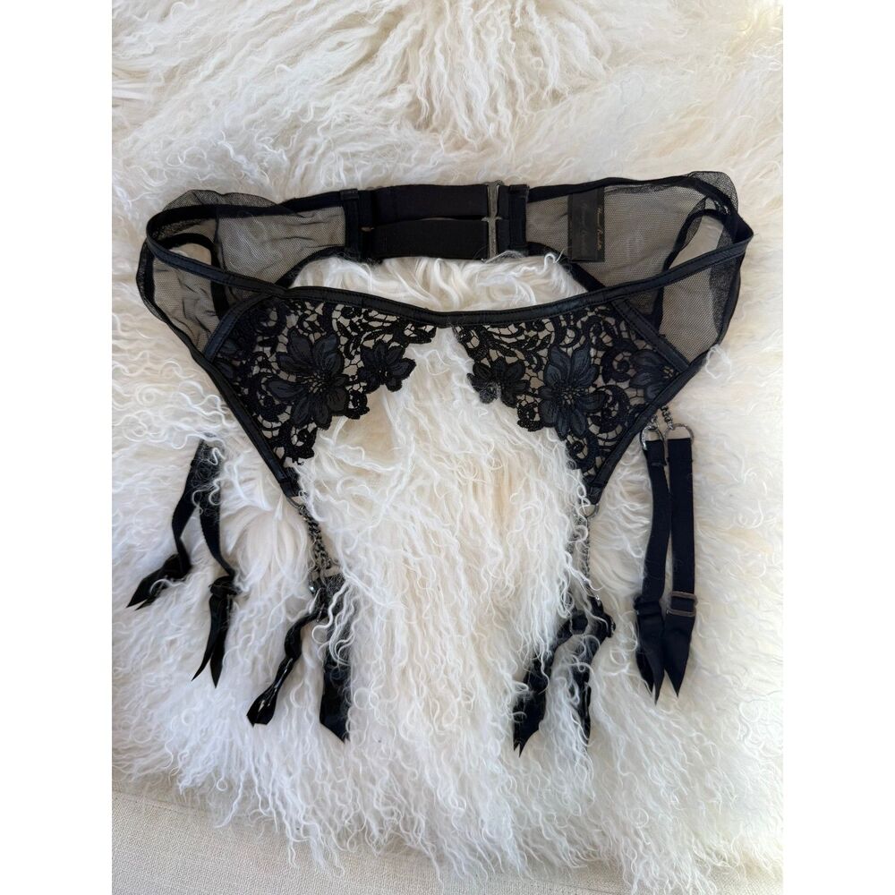 RARE Honey Birdette FIORELLA Black Floral Leather Chain Garter Belt/Suspender L